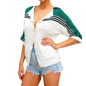 Micas Women's Small White Green Black Contrast Crochet Short Sleeve Sweater Top